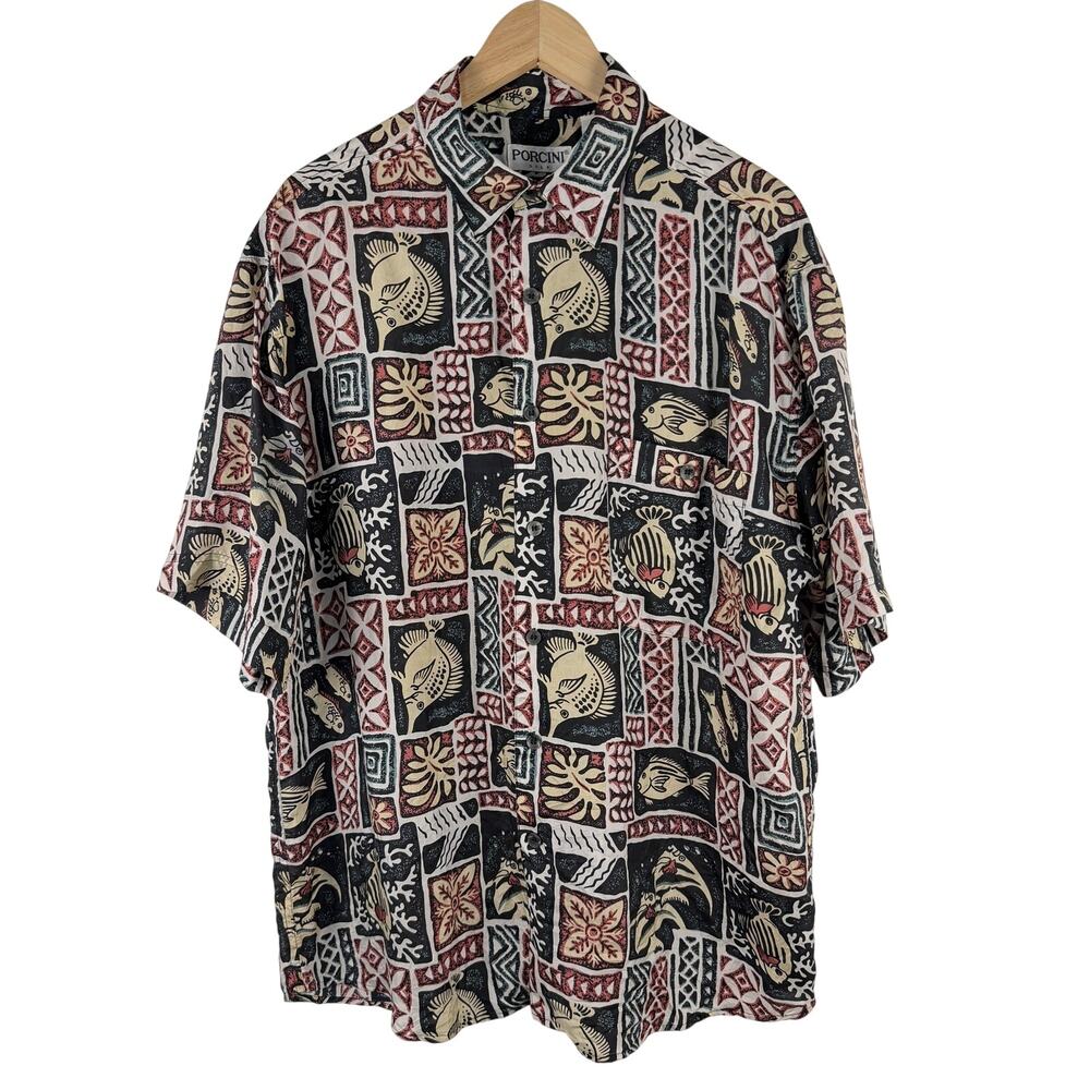 Vintage 90s Porcini Silk Patchwork Black Red Fish Hawaiian Shirt Men's Medium